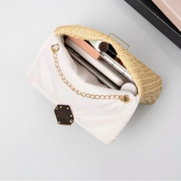straw bag adjustable gold chain crossbody shoulder Boho spring summer neutral - Picture 4 of 8
